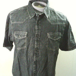 Black Distressed Denim Button Down Shirt.